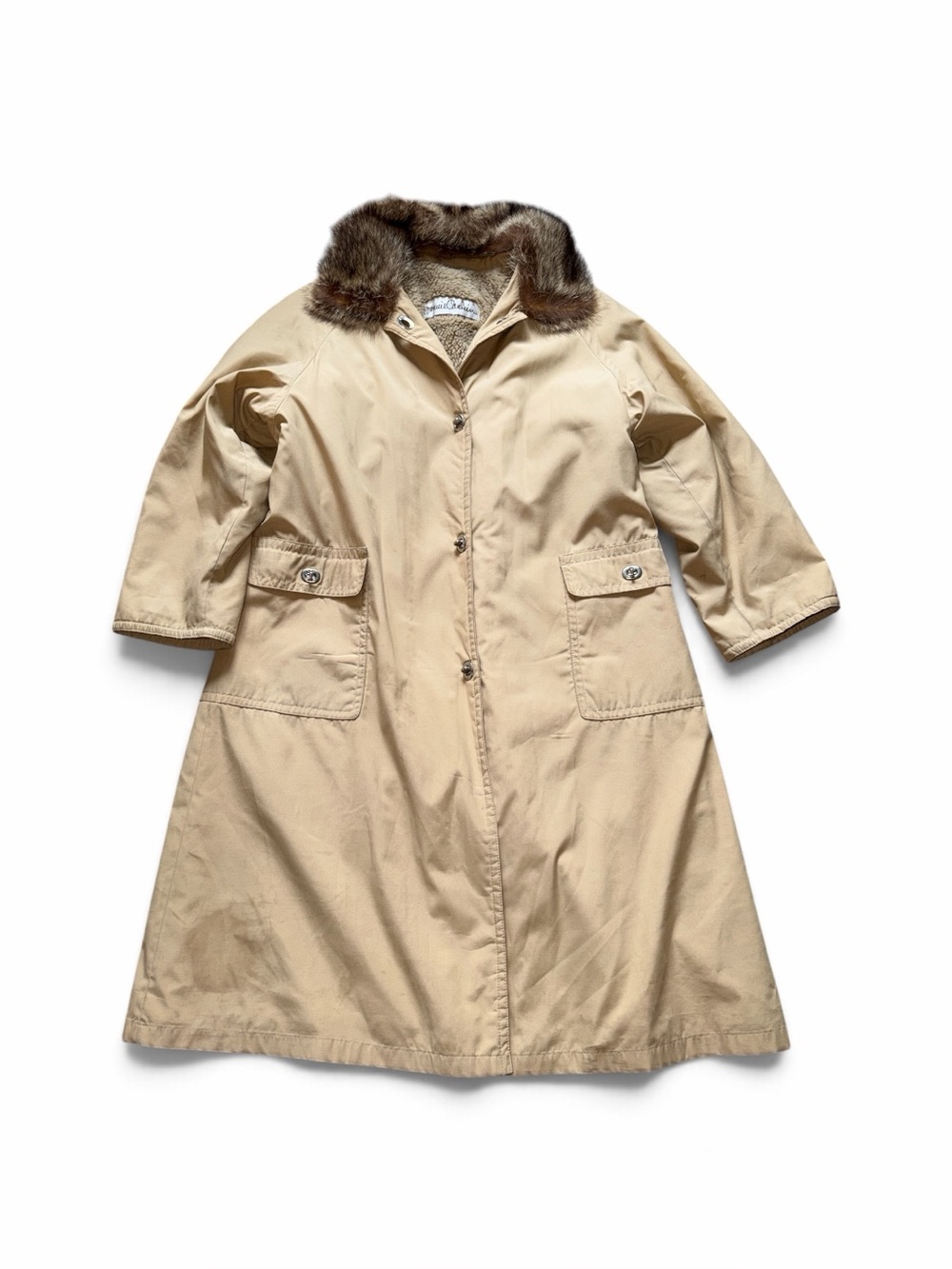 Vintage Bonnie Cashin Tan Trench Coat Fur Collar Toggle Turn Lock Size 18.5